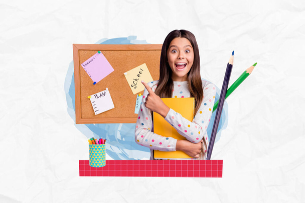 Photo collage of crazy young funny positive schoolgirl directing finger paper sheet plans schedule homework isolated on white background. - Foto, afbeelding