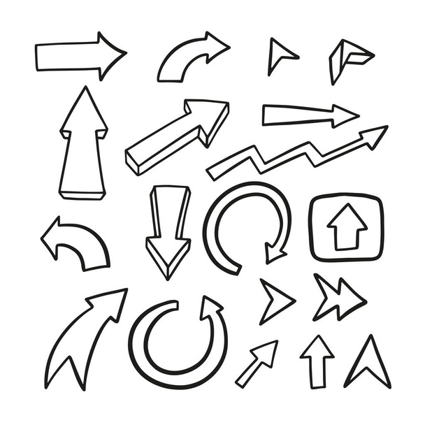 Frecce segno disegnato a mano set. Colore nero elemento doodle icone vettoriale illustrazione isolato su sfondo bianco. - Vettoriali, immagini