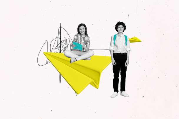 Collage picture of two mini happy black white effect people huge paper plane write notepad isolated on creative painted background. - Valokuva, kuva