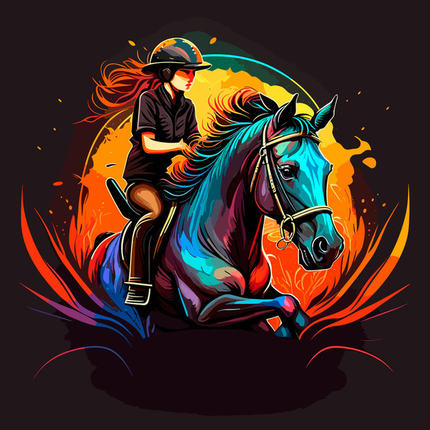 Женщина верхом на лошади. Конный спорт. Иллюстрация вектора мультфильма. изолированный фон, этикетка, наклейка - Вектор,изображение