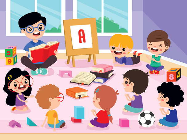 Crianças e professor no jardim de infância - Vetor, Imagem