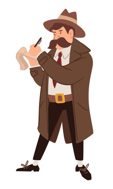 Male personage working undercover wearing cloak and hat writing down info on notebook. Spy or inspector on mission, working gentleman. Vintage and old fashioned character, vector in flat style - ベクター画像