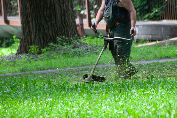 Worker mowing grass with gasoline petrol lawn trimmer in city park or backyard. Gardening care tools and equipment. Process of lawn trimming with hand mower. - Photo, Image