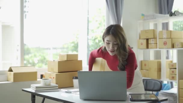 Onnellinen onnistunut aasialainen liikenainen innoissaan saada ostotilauksen ja tarkista varastossa Työskentely kotona toimistossa paketti laatikko kannettava tietokone pienyritys omistaja Online Marketing, pk-yritysten liiketoimintakonsepti - Materiaali, video