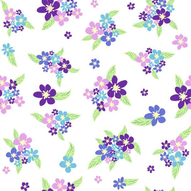 Floral seamless pattern with titian, lavender, blue, purple chamomile flower and leaves on pastel background. - Wektor, obraz