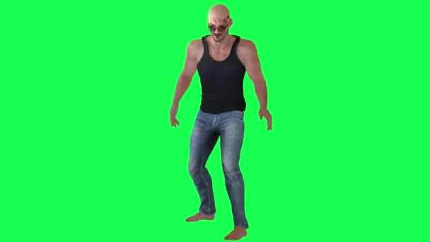 A man with athletic body in green screen with sunglasses and black swing and blue leggings with scarred face and head and dark skin and bare feet standing and looking mysteriously around sha - Footage, Video