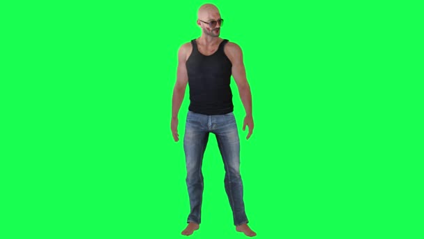 Man with athletic body on green screen wearing sunglasses and black sunglasses and blue leggings with scarred face and head and dark skin and bare feet looking left and right from front angl - Footage, Video