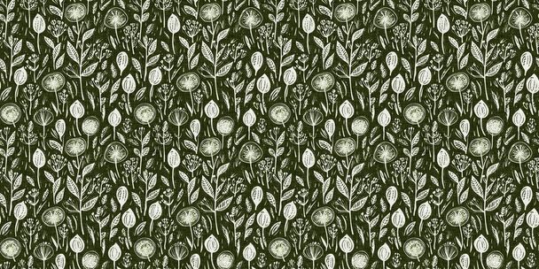 Forest green country floral blockprint linen seamless border. Print of French cottage interior cotton effect flower fabric washi tape - Photo, Image