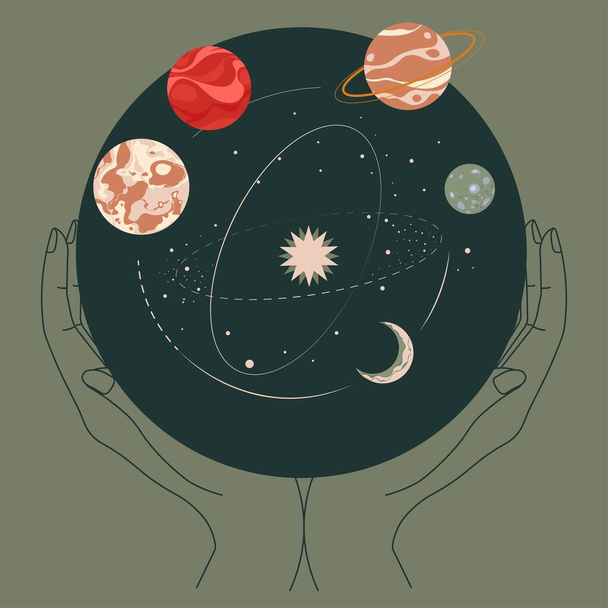Solar system planets floating on orbits in outer space. Constellations and astronomy. Hands holding celestial body united in bauble or ball. Night sky. Cosmos and universe, vector in flat style - Vektör, Görsel