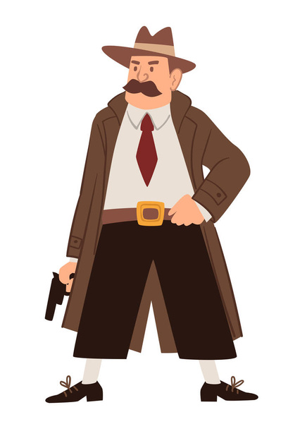 Male character working as detective or investigator wearing long vintage coat and holding gun, Inspector or policeman undercover searching criminal on case investigation. Vector in flat style - Vetor, Imagem