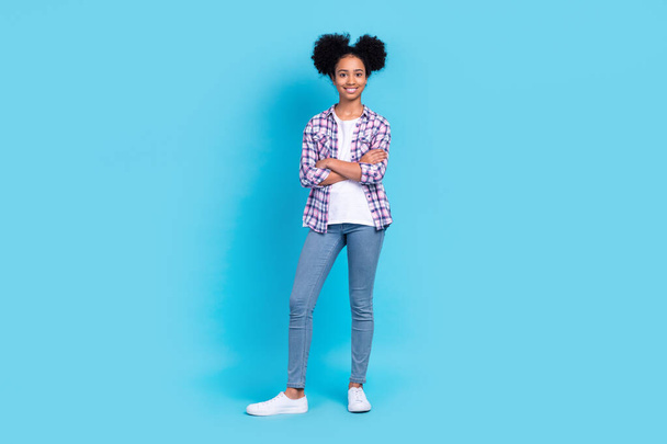 Full length photo of pretty confident lady wear plaid shirt smiling arms crossed isolated blue color background. - Photo, image