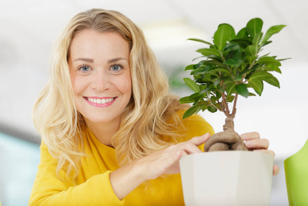 happy woman with bonsai - Φωτογραφία, εικόνα