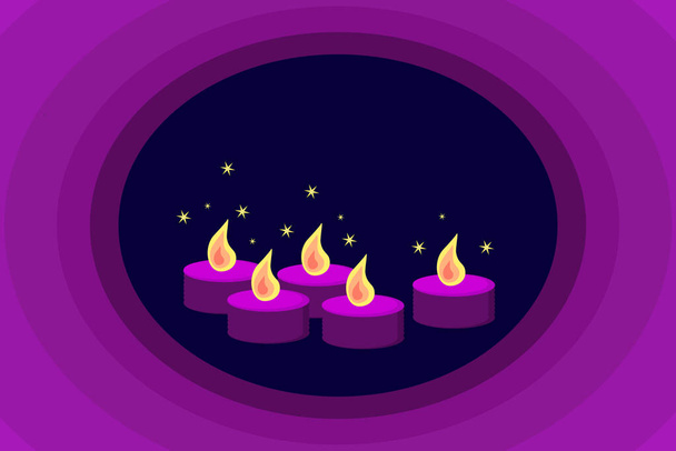 Vector illustration of burning magic candles on a dark violet background. Interior scented candles, fabulous illuminating the space around. House design, spa, for magical books and stories - Вектор,изображение