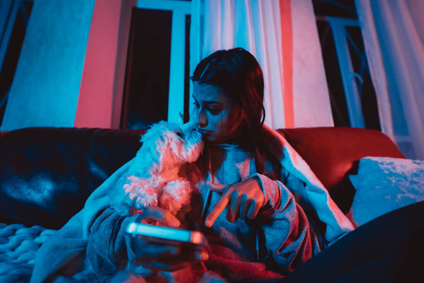Gyönyörű fiatal lány otthon egy sötét szobában játszik a kutyájával, és egy monitor vagy TV előtt ül. Kiváló minőségű fénykép - Fotó, kép