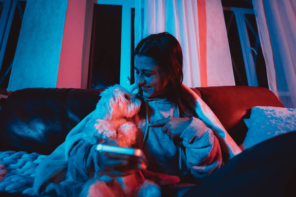 Krásná mladá dívka doma v tmavé místnosti hraje se svým psem a sedí před monitorem nebo televizí. Kvalitní fotografie - Fotografie, Obrázek