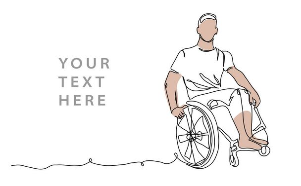 Muž sedí na vozíčku na bílém pozadí. Jedna kresba spojité čáry. Jednoduchá vektorová ilustrace mladého invalidního vozíku. - Vektor, obrázek