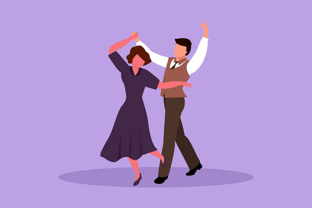 Graficzny płaski projekt rysunek romantyczny mężczyzna i kobieta profesjonalny tancerz para taniec tango, tańce walca na parkiecie tanecznym konkurs tańca. Szczęśliwego tańca mężczyzny i kobiety. Ilustracja wektor stylu kreskówki - Wektor, obraz