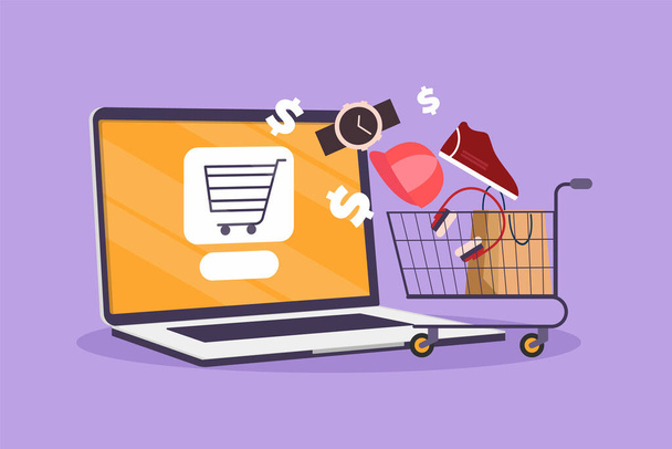 Graphic flat design drawing laptop computer and shopping cart with product purchased online. E-commerce and digital marketing. Order to cart. Online store technology. Cartoon style vector illustration - Vector, Image
