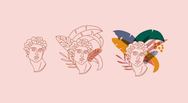Floral ancient Greek male and female statues isolated clip art bundle, antique sculptures with flowers black white line figures, hand drawn women bust with botanical bouquet - vector set. Vector - Vector, Imagen