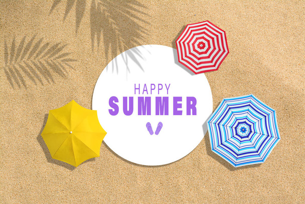 Phrase Happy summer, colorful beach umbrellas and shadows of leaves on sand, top view. Collage design - Foto, Bild