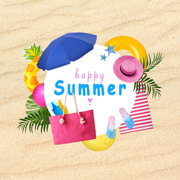 Phrase Happy summer in frame of different beach accessories and green leaves on sand. Collage design - Φωτογραφία, εικόνα