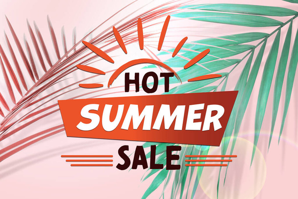 Flyer design with colorful palm leaves and text Hot Summer Sale on pink background - Фото, изображение