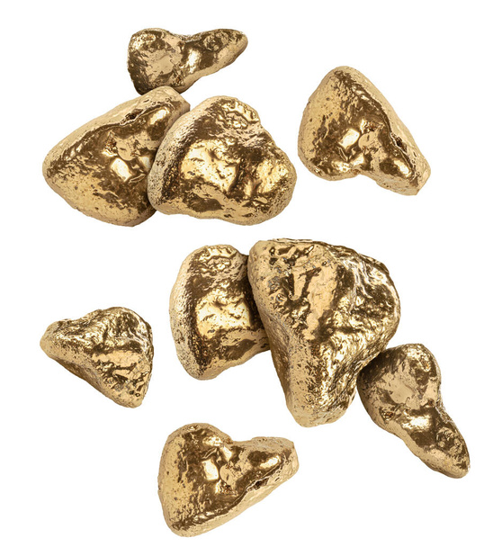 Many gold nuggets falling on white background - Foto, Imagen