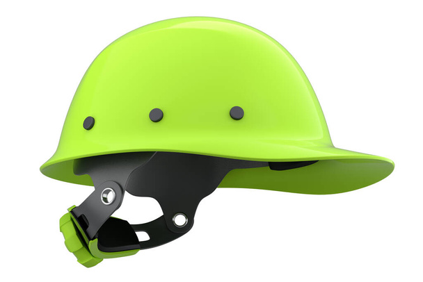 Green safety helmet or hard cap isolated on white background. 3d render and illustration of headgear and handyman tools - Foto, imagen