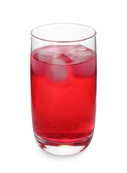 Glass of red soda water with ice cubes isolated on white - Foto, Bild