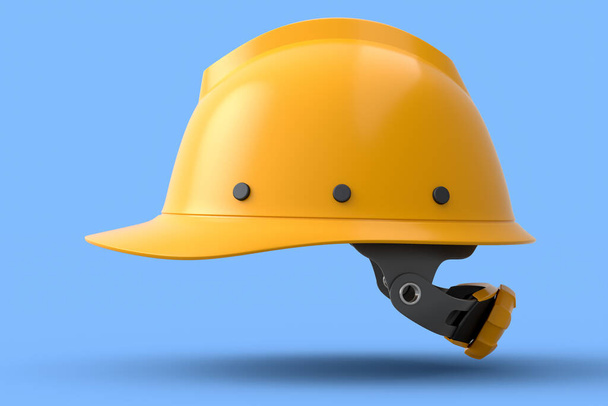 Casco de seguridad amarillo o tapa dura aislada sobre fondo azul. 3D renderizado e ilustración de sombreros y herramientas de manitas - Foto, imagen