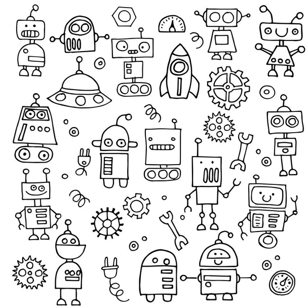 落書きスタイルのベクター図面. かわいいロボットのセット. 子供のライン図。 面白いロボット - ベクター画像