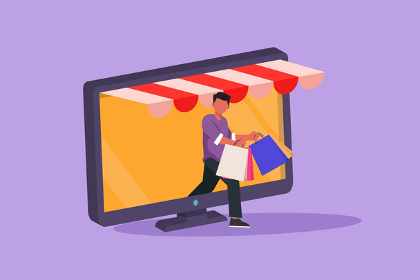 Cartoon plochý styl kreslení aktivní mladý muž vycházející z obrazovky monitoru drží nákupní tašku. Prodej, digitální životní styl, konzumní koncept. Technologie internetového obchodu. Grafický návrh vektorové ilustrace - Vektor, obrázek
