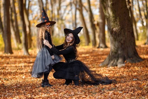 Woman with little girl walking in autumn forest. Mother play with her daughter. Mother and daughter wearing witches Halloween costumes and cone hats. - Zdjęcie, obraz