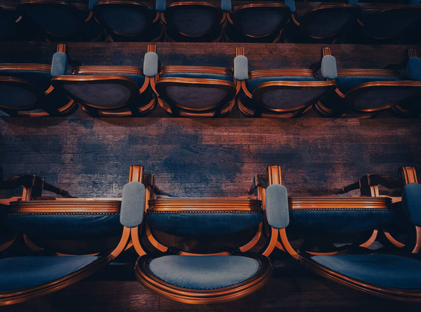 Empty Theatre Chairs. Vintage Opera or Cinema Seats. Selective Focus and Shallow Depth of Field Photo. - Fotografie, Obrázek
