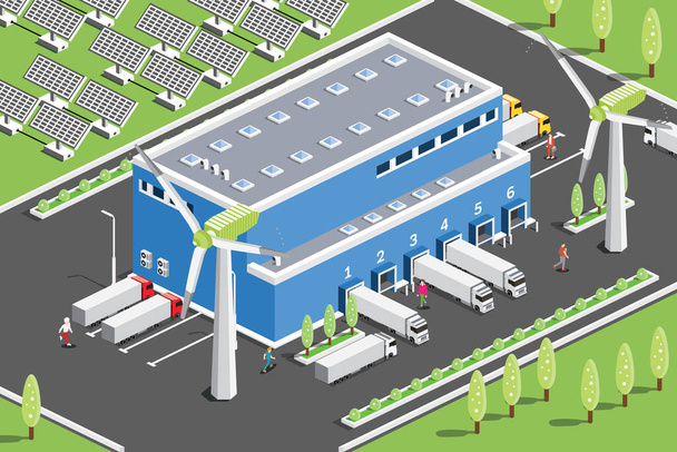 Isometric Distribution Logistic Center with Solar Panels and Wind Turbines. Warehouse Storage Facilities with Trucks. Vector Illustration. Trees and Green Grass. Green Eco Friendly House. - ベクター画像