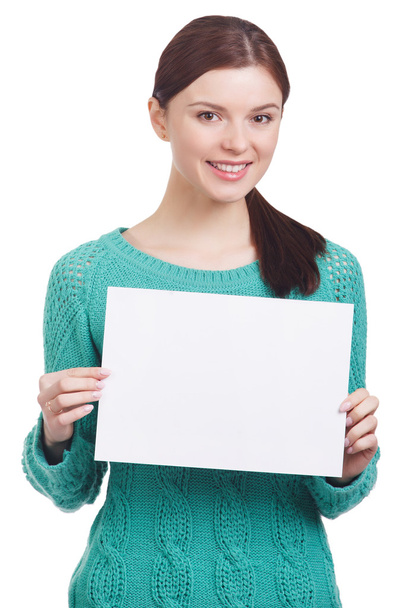Young beautiful girl holding a white banner - Photo, image