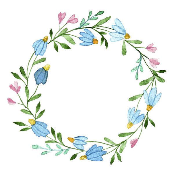 watercolor drawing. wreath, round made of leaves and flowers. abstract forest herbs and wild flowers, spring bouquet, camomile - Photo, Image