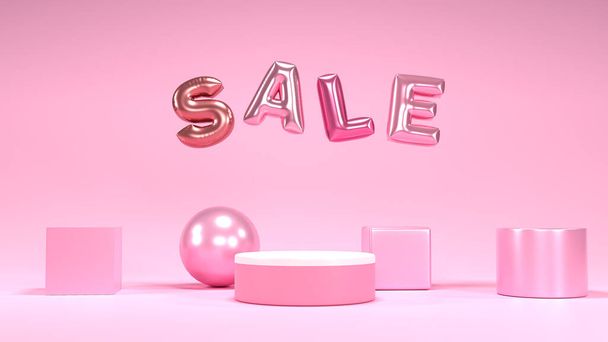 3D render of pink pastel podium and balloon text " SALE " on pink background. for cosmetic products. - Foto, imagen
