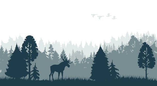Силуэт утреннего леса с лосиным стадом и утками. Природный ландшафт Канады или Аляски, дикая природа европейских лесов или векторный фон лесов с лосиным саном, деревьями и силуэтами летающих птиц - Вектор,изображение