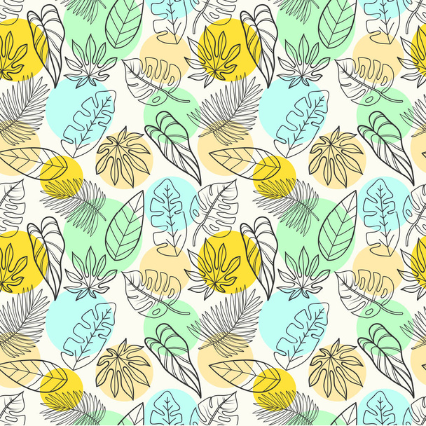 Hand drawn seamless pattern background with colored tropical leaves - Διάνυσμα, εικόνα