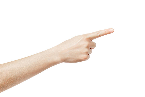 Señalando gesto aislado sobre fondo blanco. El dedo índice señala algo. Foto de alta calidad - Foto, imagen