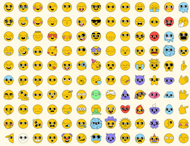 Große Sammlung von Emoticons mit 130 Symbolen. Vektor-Pack im Line-Art-Stil. Aufkleber mit Vintage-Ikonen im Stil der 70er, 80er, 90er Jahre. Sammlung glücklicher, lächelnder, lachender, freudiger, trauriger, wütender und weinender Gesichter - Vektor, Bild