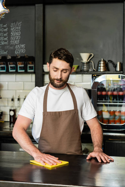szakállas barista a köténytisztító bárban és rongyot tart munka közben a kávézóban - Fotó, kép