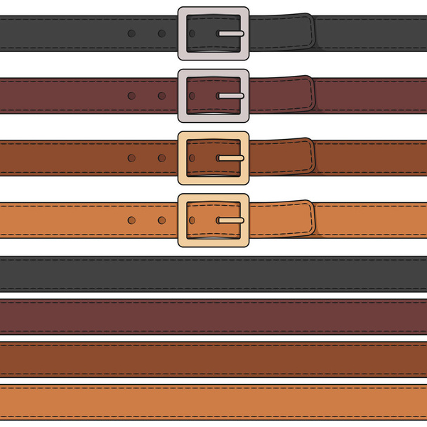 Set of color illustration of leather belt with buckle. Isolated vector object on white background. - Vecteur, image