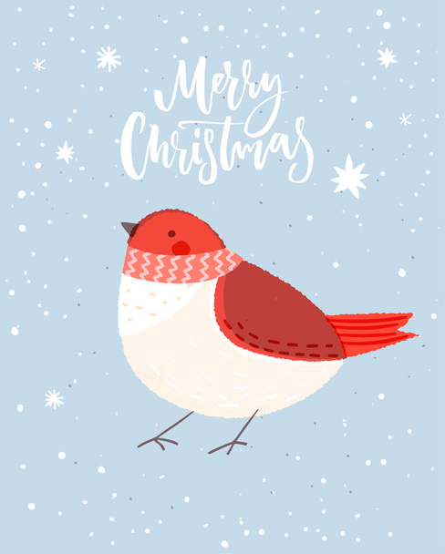 Blue Christmas card with cute red bird and hand lettering text Merry Christmas. Vector illustrated greetings. - Вектор,изображение