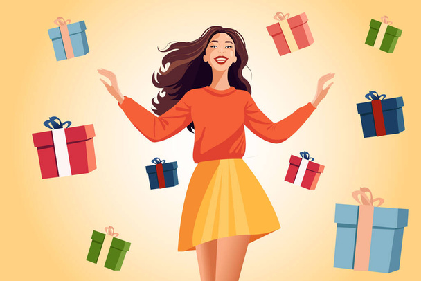 Vector illustration in a flat cartoon style, a young pretty woman in fashionable clothes catches falling gifts with her hands. Shopping concept, summer sale, seasonal discounts and promotions. - Vector, Imagen
