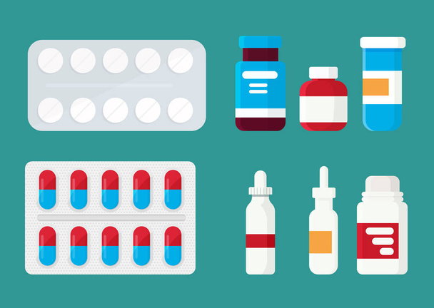 Apotheek set items. Geneesmiddelen, medische producten. Vector illustratie in platte cartoon stijl. - Vector, afbeelding