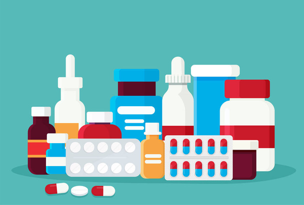 Apotheek set items. Geneesmiddelen, medische producten. Vector illustratie in platte cartoon stijl. - Vector, afbeelding