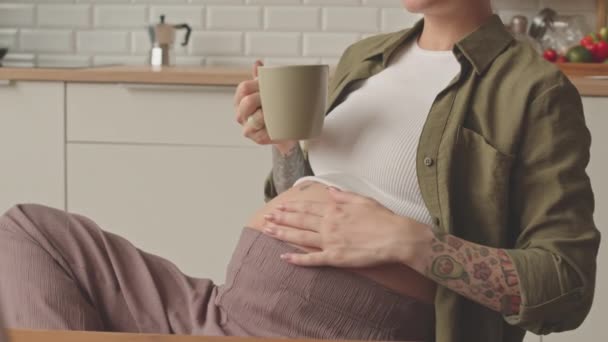 Cropped slowmo of tattooed pregnant woman stroking her belly tenderly while sitting at wooden kitchen table - Footage, Video