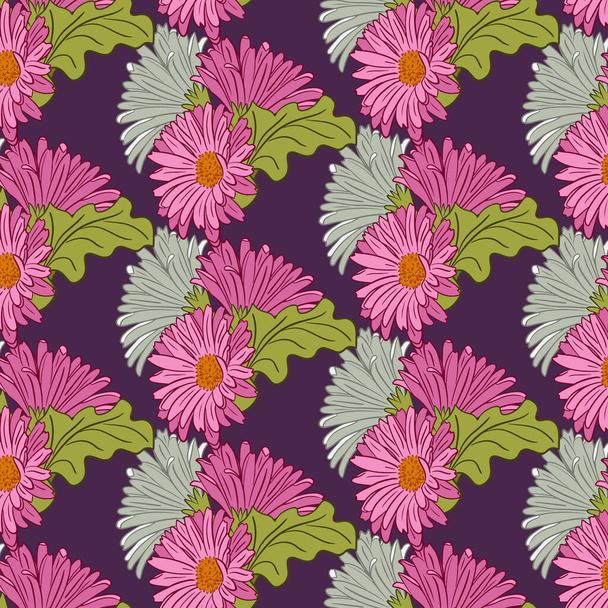 Gerberas bunch vibrant seamless pattern. Vector floral pattern on purple background. Botany elements in flat outline style. Suitable for contemporary textile, wallpaper, wrapping paper, home decor - Vector, imagen